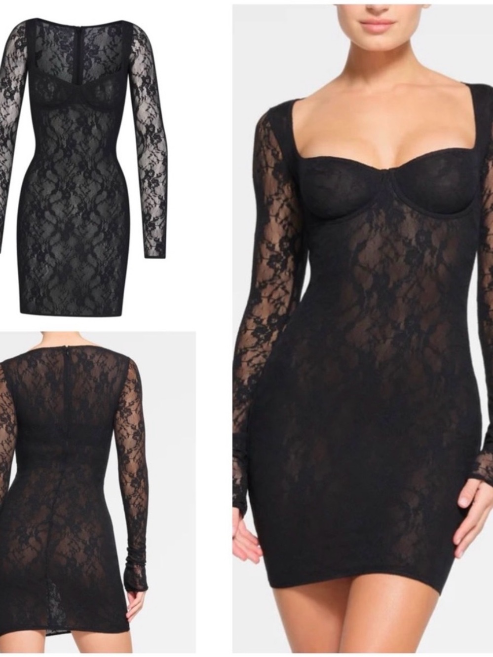 SKIMS Black Lace Long-Sleeve Bodycon Dress